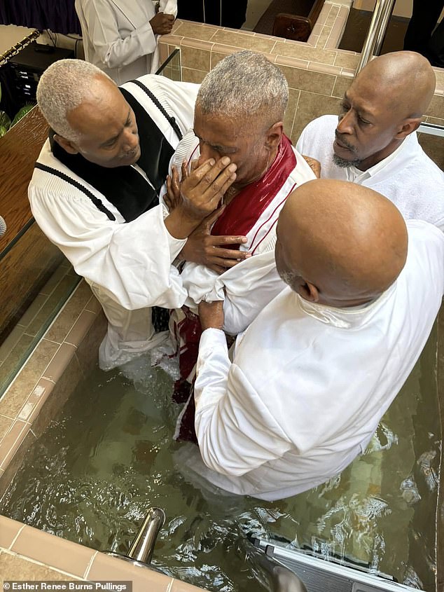 Church officials are seen immersing Washington in the water at the baptism ceremony.