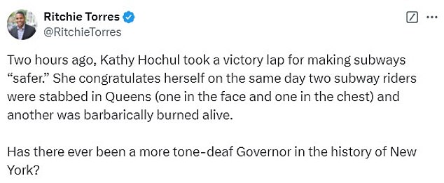 However, Hochul was also criticized by her own party, with Congressman Ritchie Torres — who had teased a primary challenge to the governor in 2026 — blasting her for the post.