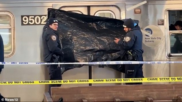 Officers on the scene after receiving a call from a woman in need of help were seen using a tarpaulin to cover one of the train's windows - apparently to block the view of the gruesome scene