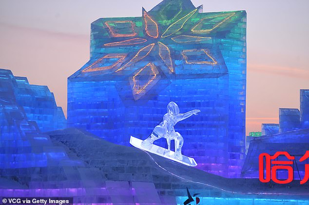 Ice sculpture with elements of the 9th Harbin 2025 Asian Winter Games at the construction site of the 26th Harbin Ice and Snow World