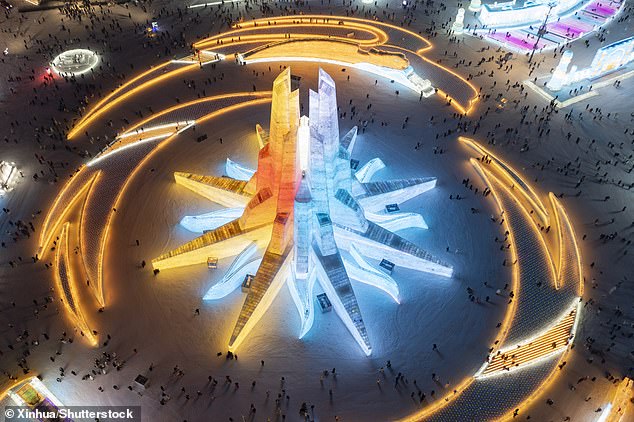 An aerial drone photo shows the main tower of Harbin Ice and Snow World.