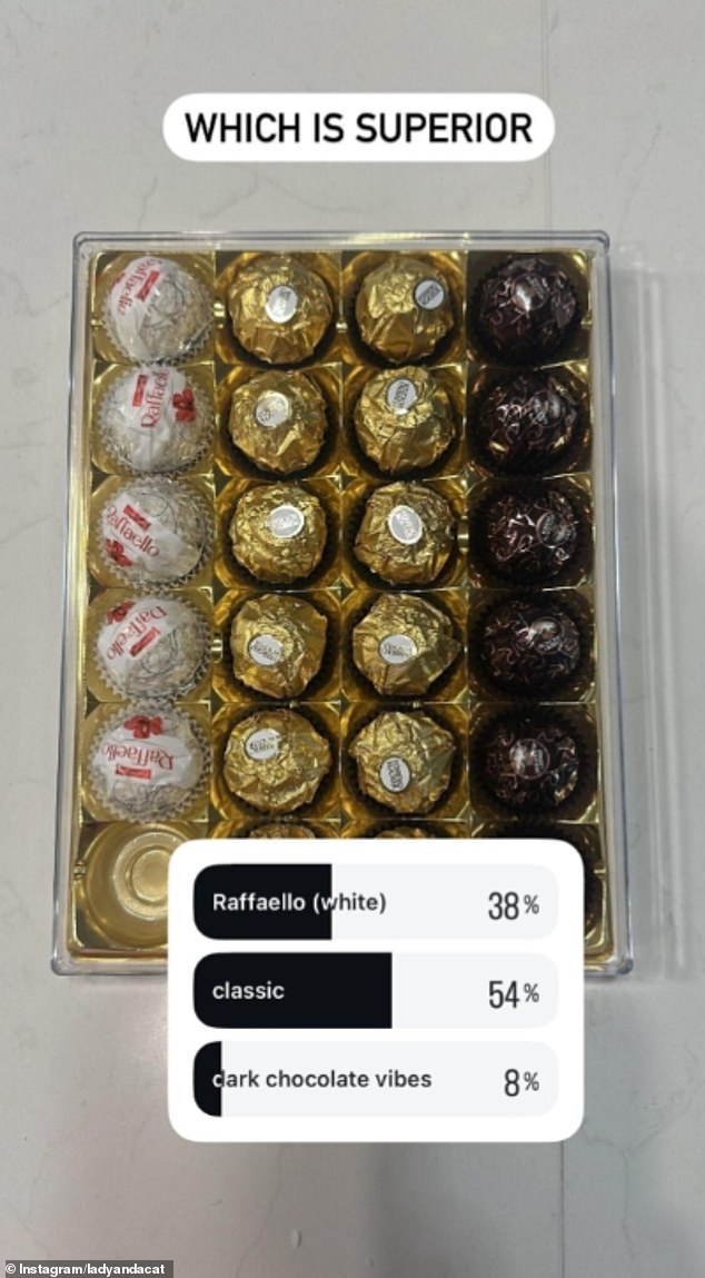 Within the mixed collection of the brand's greatest hits is the classic hazelnut version, the white chocolate and coconut Raffaello and the dark chocolate Rondnoir. Laura invited her followers to vote for which is the best of the three, with the votes divided