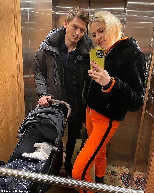 Pixie donned an orange version of the ski suit during another outing and added a short black fur coat on top as she posed with Oliver at the £1,800-a-night 5-star Kulm Hotel.