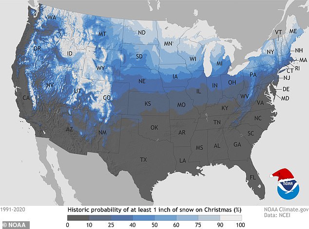 Gray areas have little or no chance of a white Christmas, states in blue have a moderate chance and light blue or white areas have a high chance