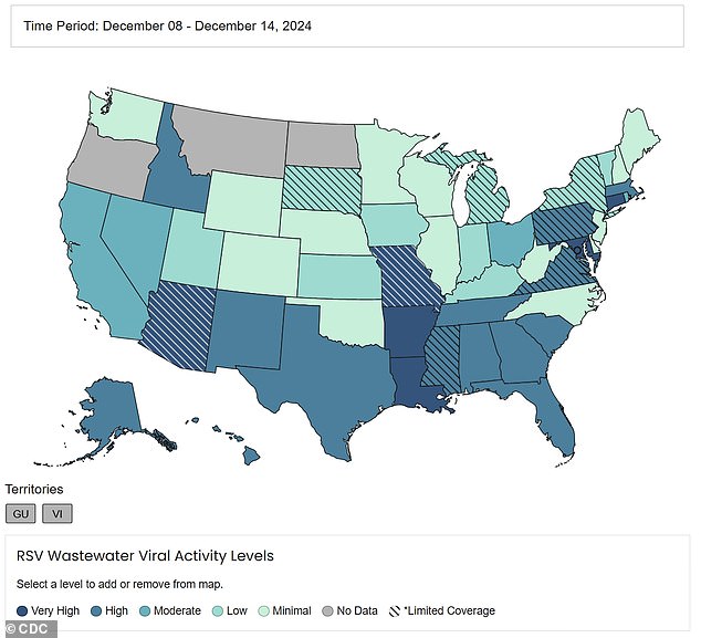 The map above shows the activity of RSV detection levels in wastewater in each state.