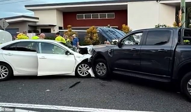 Pictured: The aftermath of the collision between an Uber driver's vehicle and mum's Ford Ranger ute.