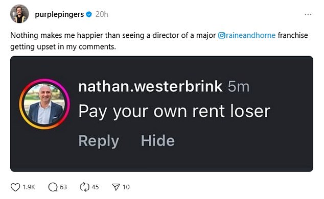 The head of Raine and Horne's Lane Cove agency, Nathan Westerbrink, was angered by Mr van den Lamb's antics and left a scathing comment in response to the video.