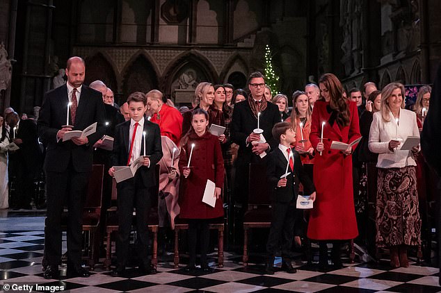 The carol service was attended by other members of the Royal Family, including her husband and children. (Pictured left to right: Prince William, Prince George, Princess Charlotte, Prince Louis, Princess of Wales and Sophie, Duchess of Edinburgh during the Together At Christmas carol service at Westminster Abbey on December 6, 2024 in London)