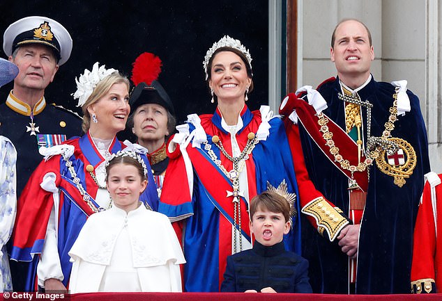 Sophie has provided unwavering support to Kate, and the two have forged a close bond over the past decade (Pictured, left to right: Vice-Admiral Sir Timothy Laurence, Sophie, Duchess of Edinburgh, Princess Charlotte, Princess Anne, Princess of Wales, Prince Louis and Prince William at the king's coronation, May 6, 2023)