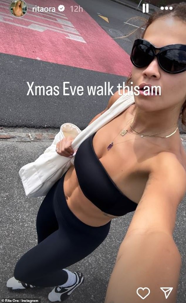 Elsewhere, Rita Ora showed off her jaw-dropping figure and toned abs as she embarked on a Christmas Eve morning walk.