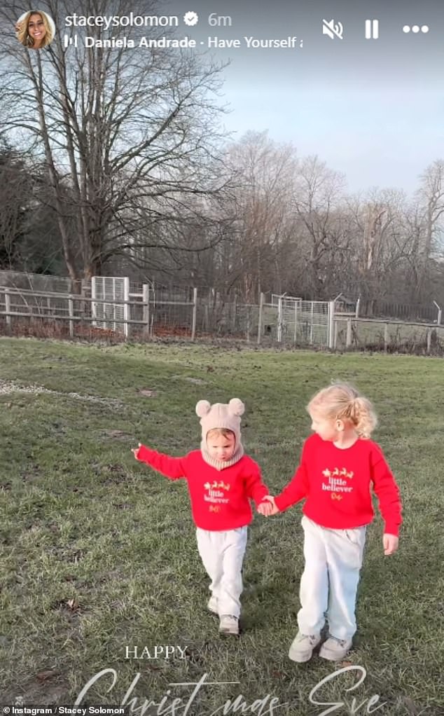 Stacey Solomon started her Christmas Eve by taking two of her children outside to feed carrots and strawberries to the reindeer near Pickle Cottage.