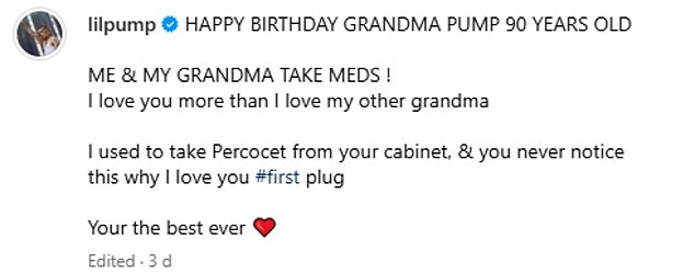 In another sweet birthday post, Lil Pump paid tribute to the 90-year-old as they posed together in matching red sweaters.