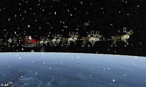 This image from NORAD shows NORAD's Santa Tracker. Armed with radars, sensors and aircraft, NORAD in Colorado keeps a close eye on Santa and his sleigh from the moment he leaves the North Pole. And it will once again share all these details so everyone can follow along as Santa Claus travels the world starting Christmas Eve, Sunday, December 24, 2023. (NORAD via AP)