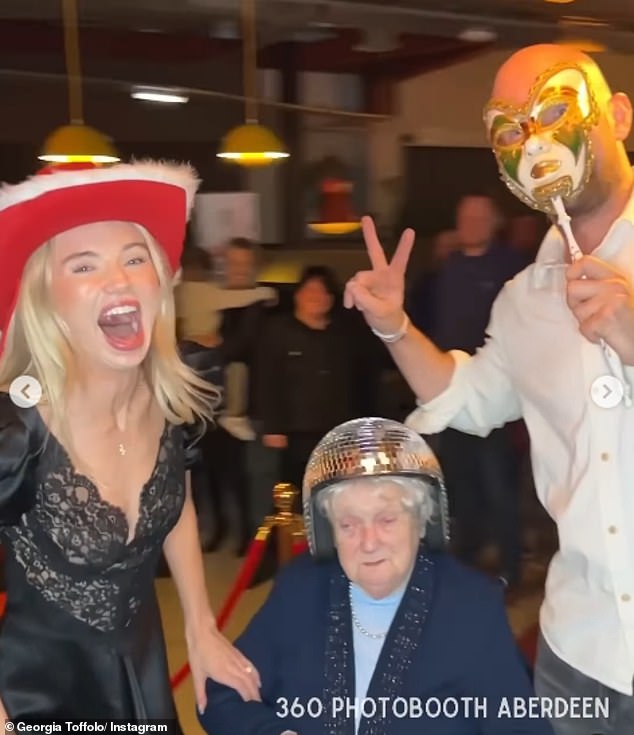 The couple posed for several photos alongside their friends and family, including an adorable photo with James' grandmother sporting a sparkly ball helmet.