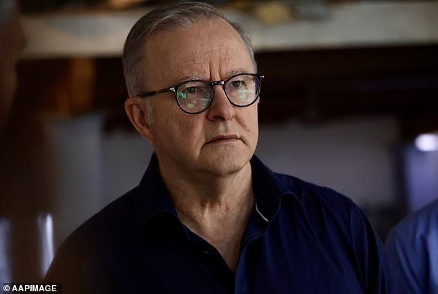 An emotional Anthony Albanese (pictured) reflects on the destruction left behind by Cyclone Tracey at an exhibition dedicated to the 50th anniversary of the disaster.