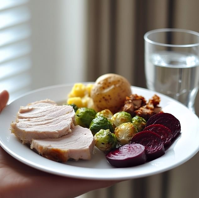 The image above is an AI-generated photo showing a recommended Christmas meal for people taking weight loss medications. It shows a small portion of turkey, Brussels sprouts, a small potato and beet.