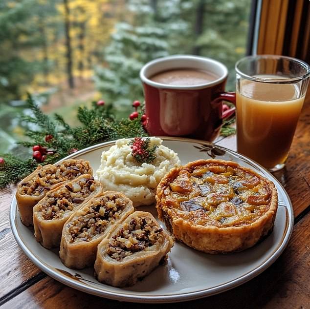 The image above is an AI-generated photo showing a recommended Christmas meal for people following a vegan diet. Includes seitan with wild rice filling, mashed potatoes, pumpkin pie, plus a cup of hot chocolate and a glass of non-alcoholic apple cider.