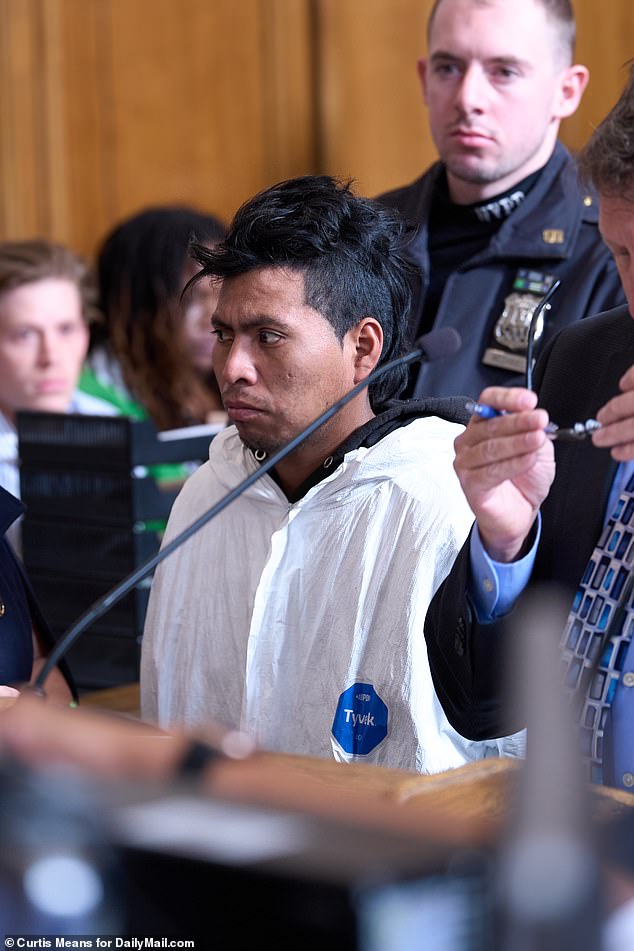 Pictured: Sebastian Zapeta is arraigned in Brooklyn Supreme Court after being arrested for setting a woman on fire on the F train in Brooklyn on Sunday morning