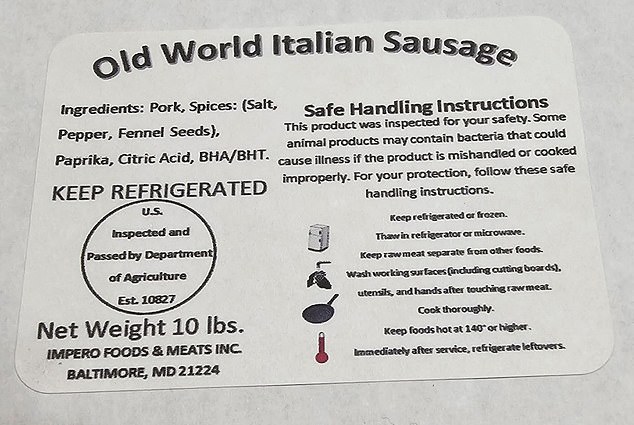 The sausage meat was shipped to restaurants and retail establishments in Delaware, Maryland and Pennsylvania.