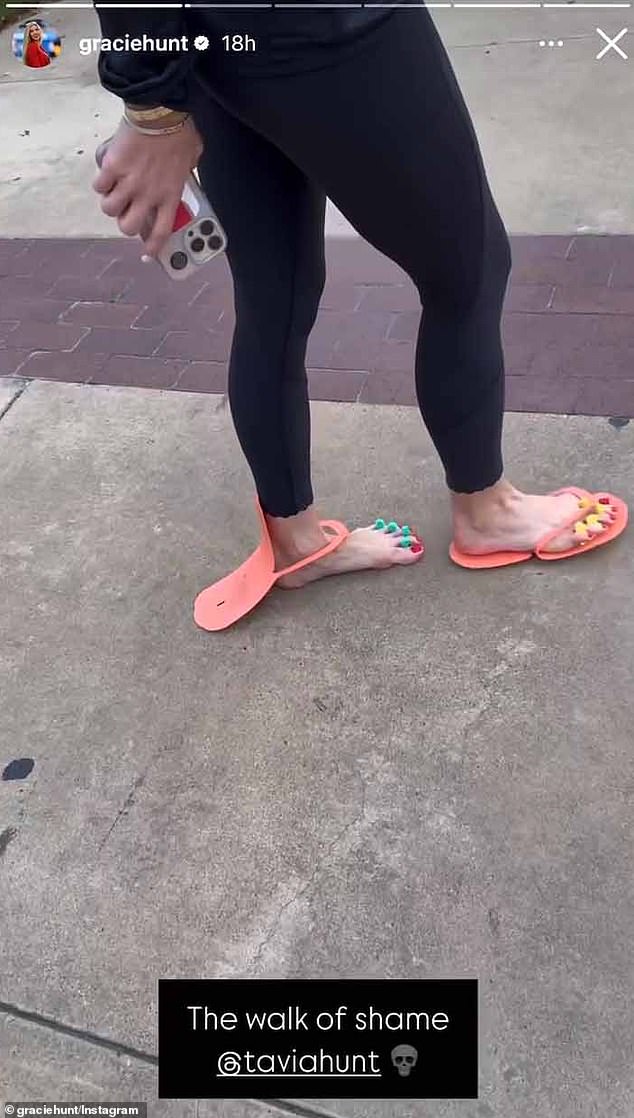 In a new video posted to Instagram on Monday, Tavia's 25-year-old daughter Gracie joked that her mother was doing the 'walk of shame' as she left the nail salon wearing a pair of disposable flip-flops.