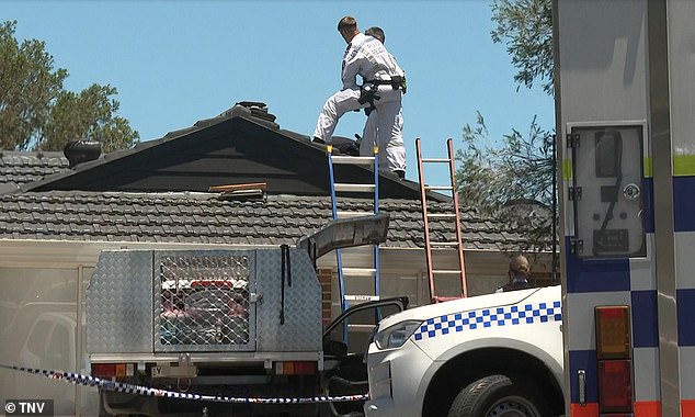 It is understood Mr Greentree was working inside the roof cavity of the house at the time of his death (pictured, emergency service workers on top of the roof of the house).