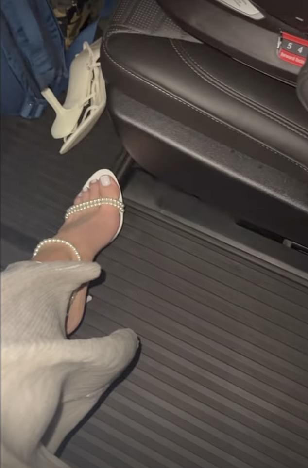 Kylie gave her 395 million Instagram followers a glimpse of her footwear in a video that revealed she was wearing white peep-toe stilettos that featured strings of pearls.