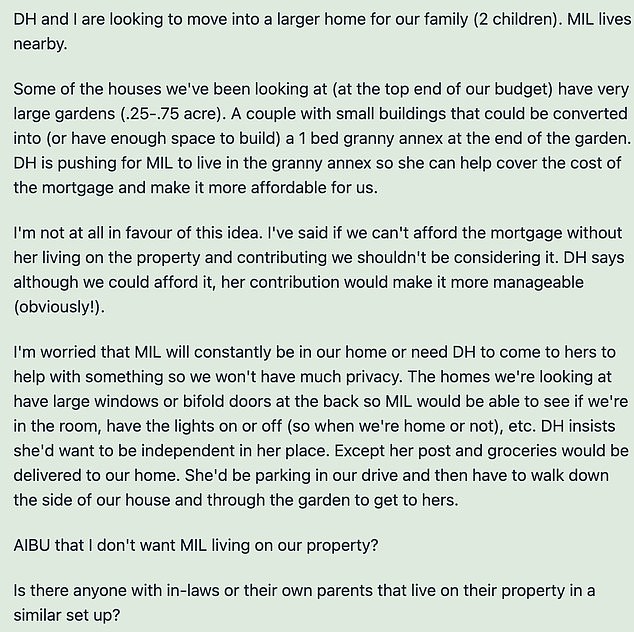 The anonymous user's Mumsnet post (pictured) laid out the dilemma and why they're not sure it's a good idea.