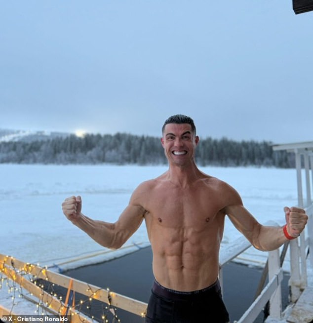 Cristiano Ronaldo stripped down to his shorts in the snow in Lapland during his winter vacation.