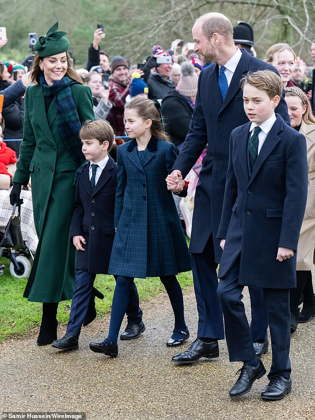 Meanwhile, Charlotte held the hand of her father, Prince William, as they smiled at well-wishers who had lined the streets ahead of their arrival.