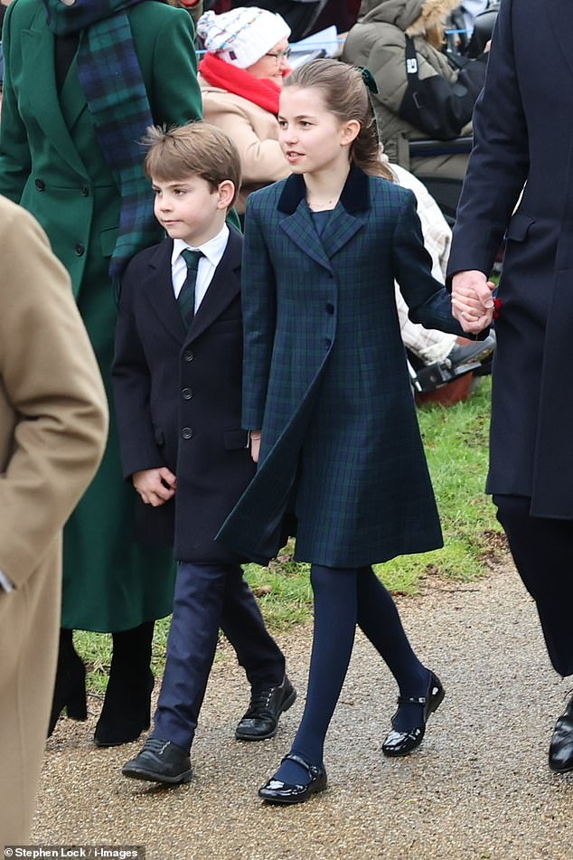 Princess Charlotte is seen walking with her brother Louis and mother Kate, while the young royal chose a navy and green plaid coat for the outing.