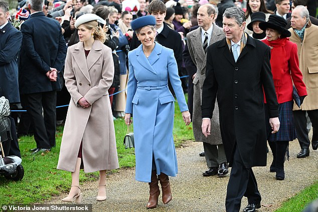 Sophie (centre), accompanied by Lady Louise (left) and Princess Anne's husband Sir Timothy Laurence (right), wore a vibrant lilac coat to the special Christmas church service at Sandringham this morning.