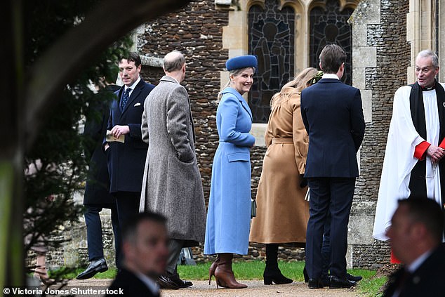 Sophie and her family pictured outside St Mary Magdalene Church, Sandringham, with Princess Beatrice (Sophie's right) and her husband Edoardo Mapelli Mozzi (right)