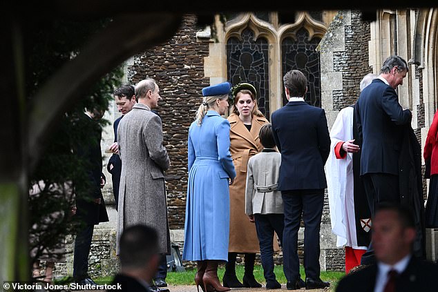 Princess Beatrice (center), who is pregnant with her second child, wore a tan double-breasted coat.