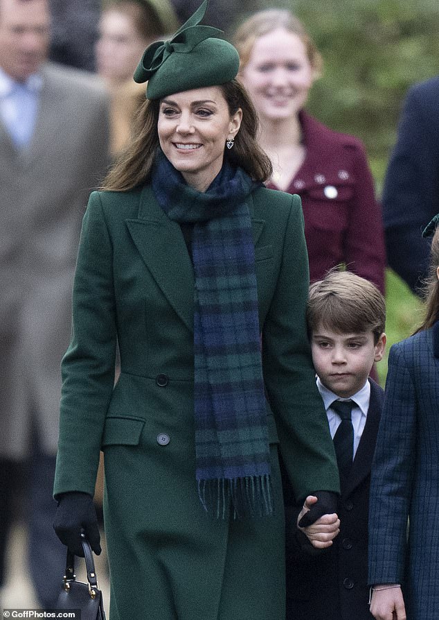 While Kate completed her look with a navy and green scarf, as well as a pair of delicate diamond earrings, Camilla (not pictured) fastened a sparkling brooch to the lapel of her coat.