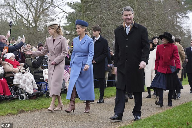 Anne (right) walked with her husband Sir Timothy Laurence (second from right) and Sophie, Duchess of Edinburgh (second from left) and Sophie's daughter Lady Louise Windsor (left).