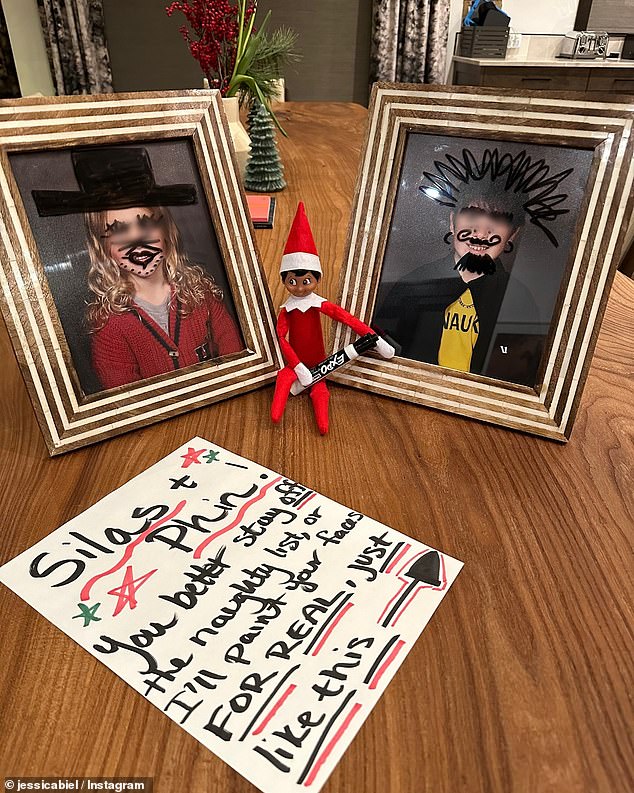 Meanwhile, Jessica Biel showed her fans the cheeky message Santa left her sons Silas, nine, and Phineas, four, from her husband Justin Timberlake.