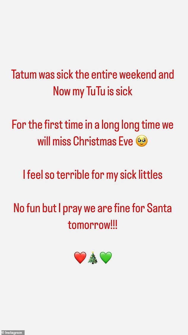 Meanwhile, Khloe Kardashian, 40, was not present. Khloé revealed that she had to cancel her appearance at her family's Christmas gathering because her two children, Tatum, two, and True, six, whom she affectionately refers to as TuTu, were not feeling well.