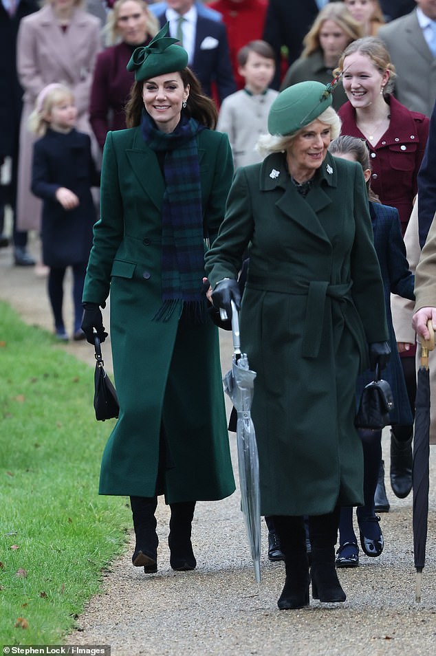 Both Queen Camilla and Princess Catherine donned emerald green coats as they walked with King Charles and Prince William.