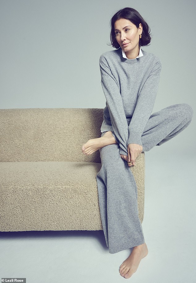 Gray crew neck jumper, £128, and wide leg trousers, now £156, riseandfall.co