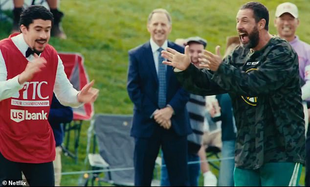 Bad Bunny (left) could also be seen playing the role of caddy alongside Adam Sandler.