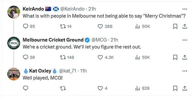 A commenter who criticized the famous ground for not using the word 'Christmas' in the post got a hilarious response from the MCG account on X (pictured).