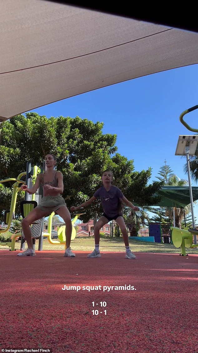 She looked very serious as she led Michael, Violet and Dominic through a series of pyramid jump squats.