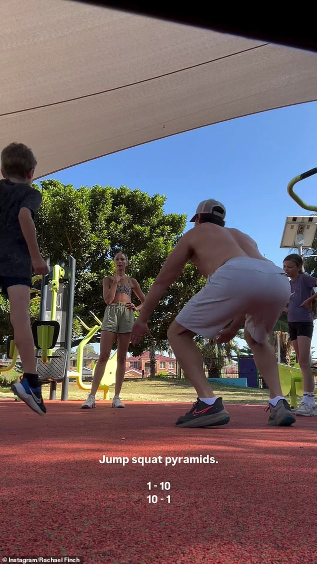 The model and television personality, 35, took to Instagram on Christmas Day to share images of the family working out at a local playground.