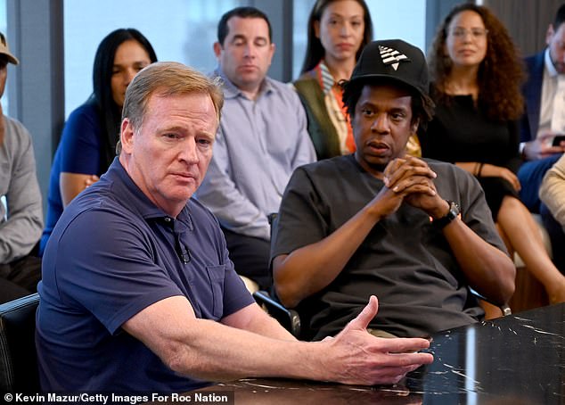 The NFL commissioner (left, pictured in 2019), 65, hired the Brooklyn-born rap mogul to be live music entertainment strategist in 2019, which is precisely how Beyoncé got her televised concert on Wednesday.