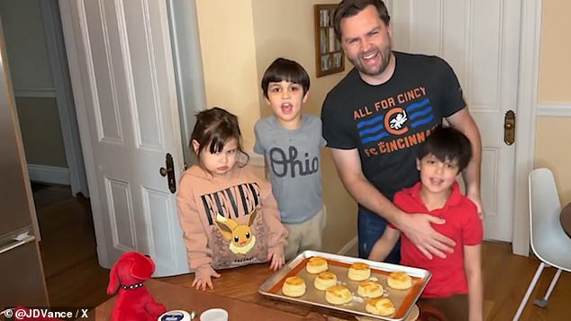 The duo were joined by Vance's son Vivek and Ewan at the end of the video, as the cookies come out of the oven