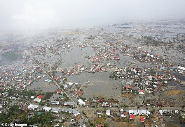 A helicopter image shows the damage sustained in Banda Aceh on January 8, 2005, a couple of weeks after the tsunami.