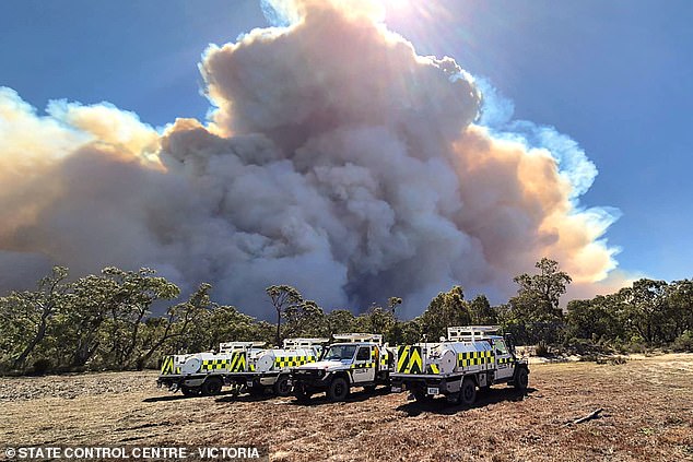 Hot, dry air covers large areas of Victoria, southwestern New South Wales and much of eastern South Australia, with damaging winds fueling extreme fire danger.