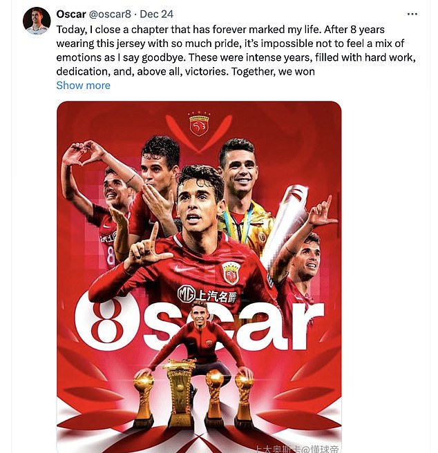 Oscar paid an emotional tribute to the port of Shanghai and his fans when his departure was announced.