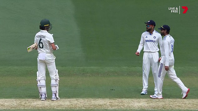 Konstas (left) exchanged angry words with Kohli (second from right) after the clash.