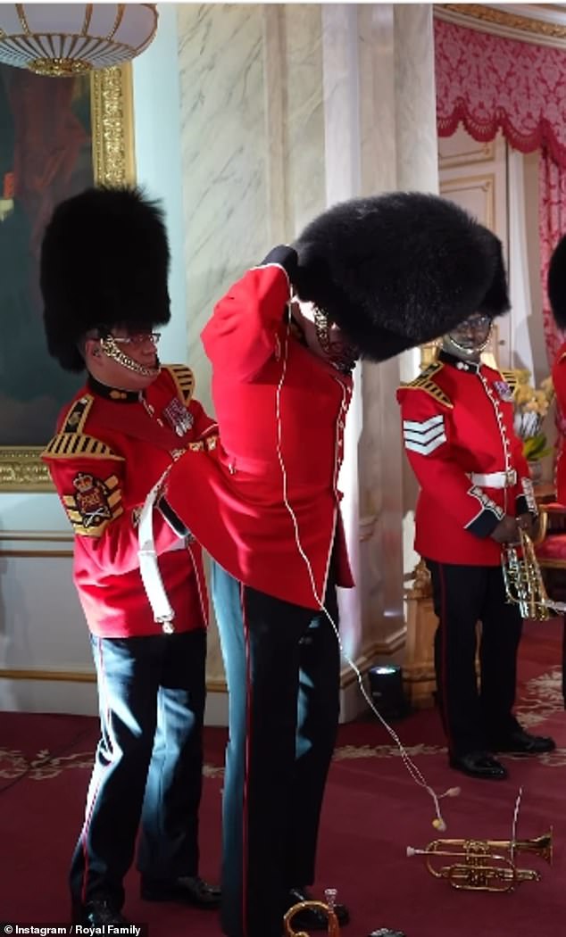 The clip showed the Grenadier Guards Band donning their bold scarlet red uniform, along with Charles practicing his speech.